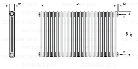 Схема (чертеж) Радиатор Zehnder Charleston 2075/20 №7610 Белый глянцевый RAL 9016